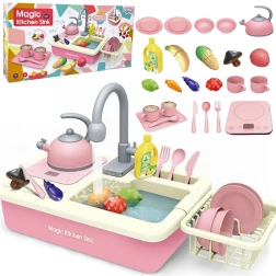 Fregadero de cocina infantil con juego de vajilla XXL – rosa