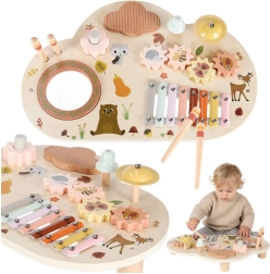 Mesa musical activa de madera para niños con xilófono y campanilla