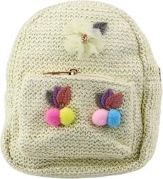 Mochila infantil color crema con bordado y pompones de colores