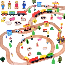 Ferrocarril de madera con locomotora y figuritas