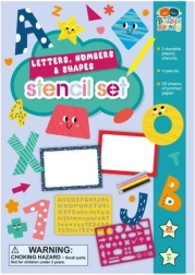 Plantillas de letras, números y formas con un set de lápices de colores