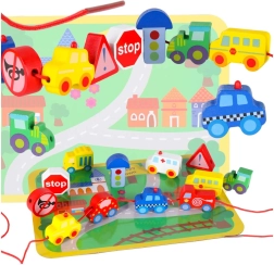 Cuentas de madera para ensartar – vehículos y señales de tráfico con tapete de juego