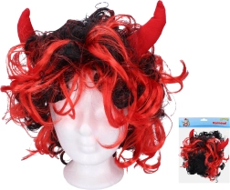 Peluca con cuernos rojos para diablos y diablesas