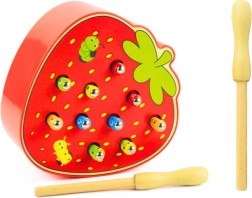 Juego de madera para atrapar gusanos - Fresa roja