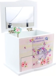 Joyerito musical de madera con unicornio con espejo y cajón