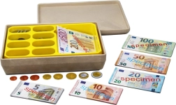 Caja registradora infantil con billetes y monedas en euros