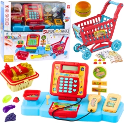 Set de juego infantil: caja registradora, cesta y alimentos con efectos