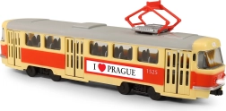 Tranvía infantil de Praga con anuncios en checo
