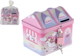 Hucha casita Unicornio metálica con candado rosa
