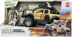 Set de juego militar con pick-up todoterreno, soldado y perro