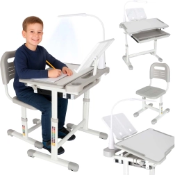 Escritorio infantil ajustable con silla y lámpara LED, gris
