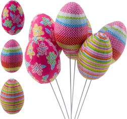 Huevos decorativos de Pascua en varillas con lunares, flores y rayas, set de 6 uds.
