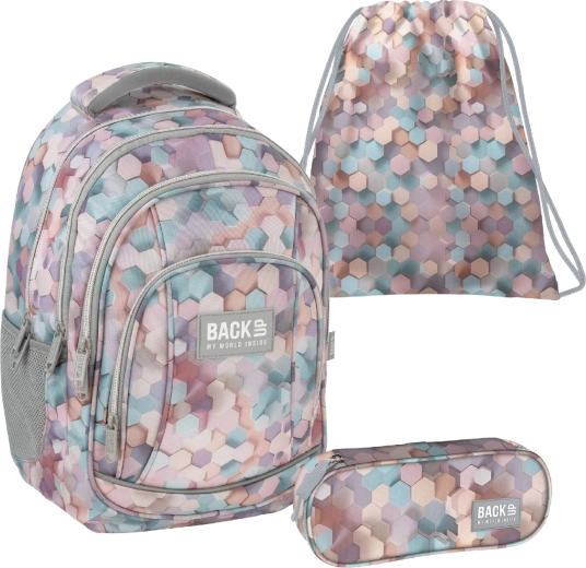 Set escolar BackUP geometric beige 3v1 – mochila, estuche y bolsa