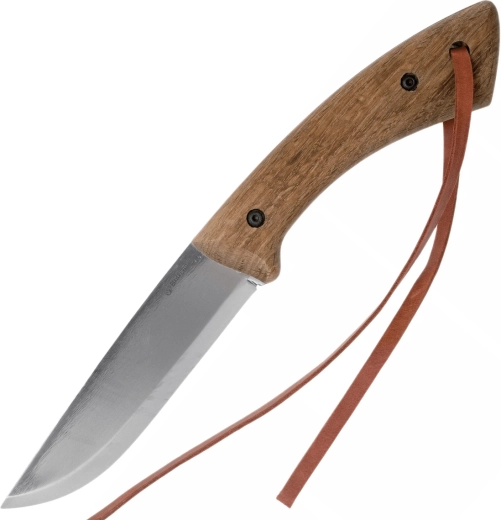 Cuchillo bushcraft de acero al carbono con mango de nogal impregnado y funda de cuero