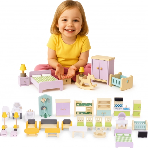 Muebles de madera para casa de muñecas – set de 30 piezas