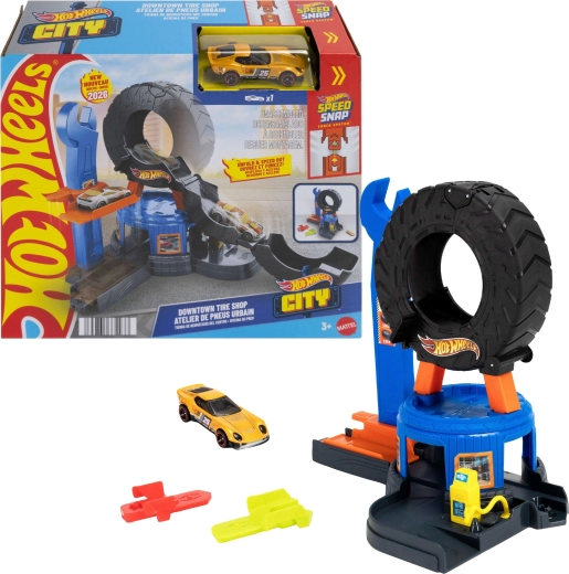 Hot Wheels City taller con neumático desplegable y cochecito