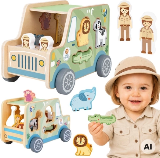 Coche safari de madera con animales encajables Tooky Toy