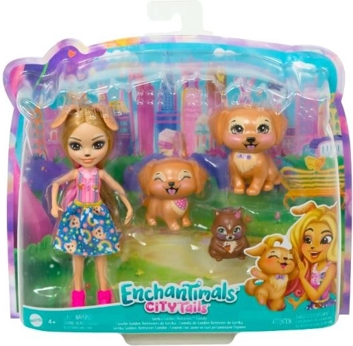 Muñeca Enchantimals Gerika Golden Retriever con cachorros y ardilla
