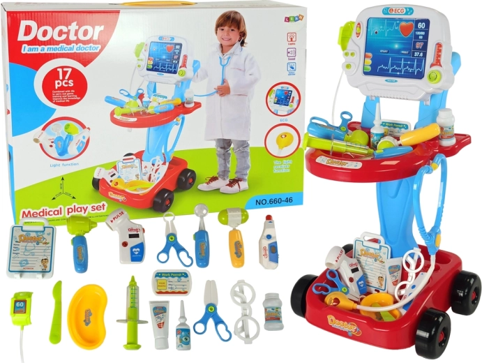 Carrito médico con mesa y EKG, set infantil de 17 piezas
