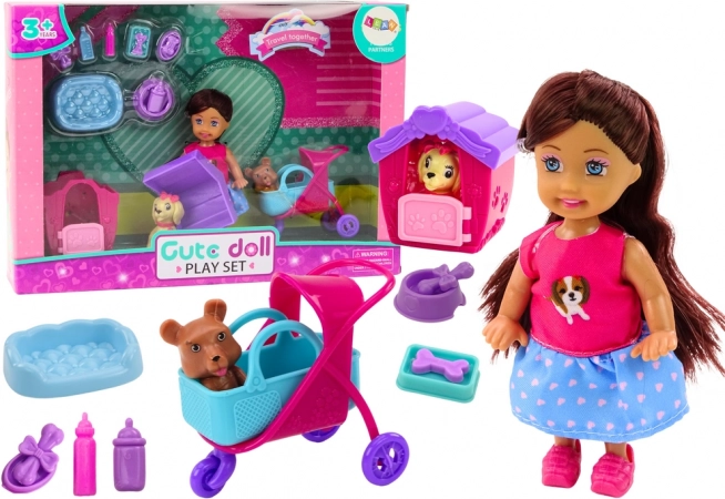 Muñeca con cachorros y accesorios – set rosa para el cuidado de perritos