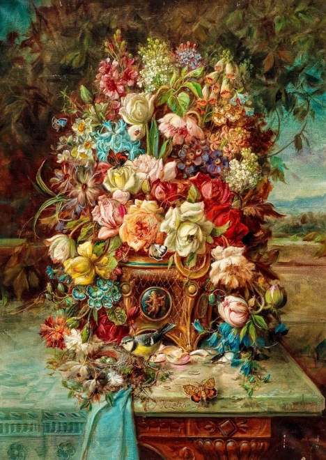 Puzzle Naturaleza muerta floral con carbonero común de 1000 piezas ENJOY