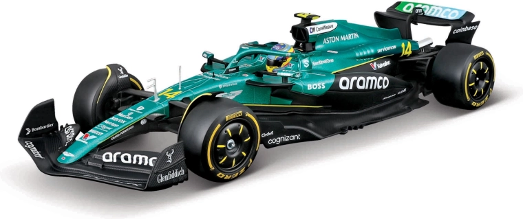 Bburago Aston Martin AMR25 2025 #14 Fernando Alonso – modelo F1 1:24 en caja acrílica