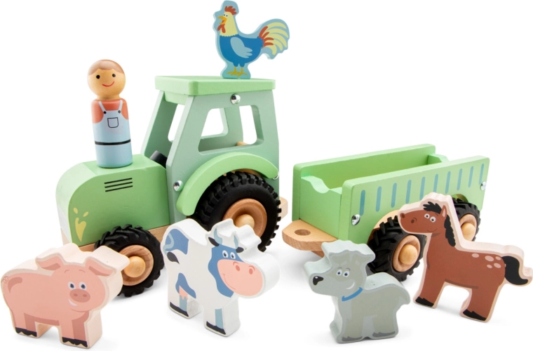Tractor de madera con remolque y animales New Classic Toys