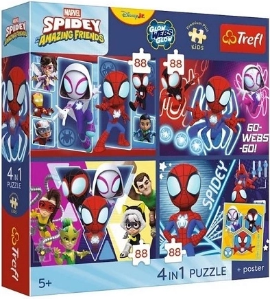 Trefl Spidey y sus increíbles amigos – set de puzzles 4×88 piezas con póster