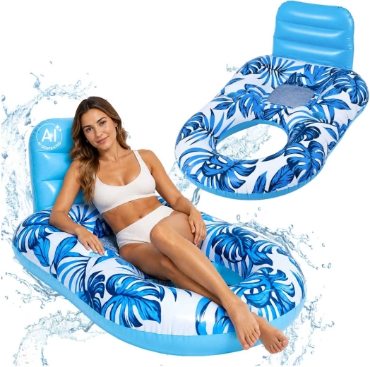 Tumbona hinchable para el agua con respaldo azul y blanco