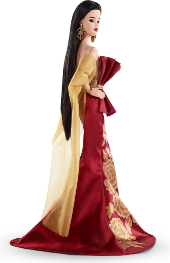 Vestido rojo festivo con detalles dorados