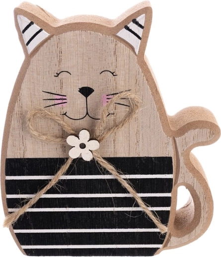 Decoración de madera gato beige/negro 12 cm
