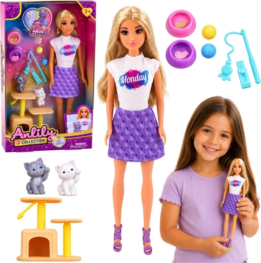 Muñeca de moda Anlily con gatitos y rascador (30 cm)