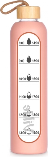 Botella de agua de vidrio con funda de silicona color salmón 1 l