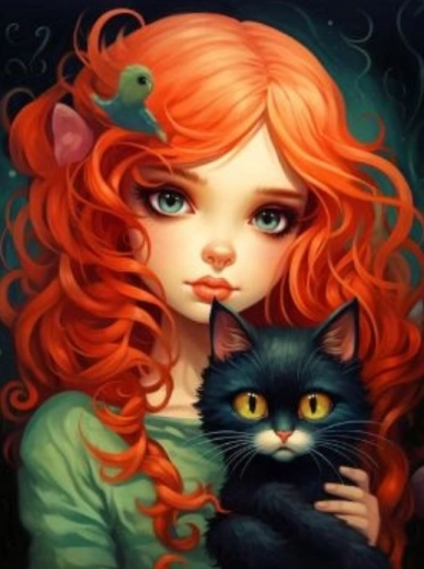 Pintura de diamantes Rusovláska con gato negro 30x40 cm