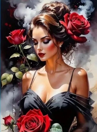 Pintura con diamantes mujer con rosas 30 × 40 cm