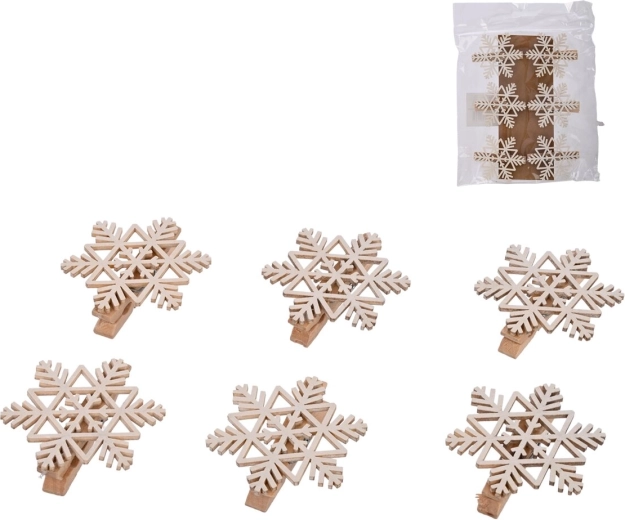 Pinzas decorativas de madera con copo de nieve blancas 6 uds