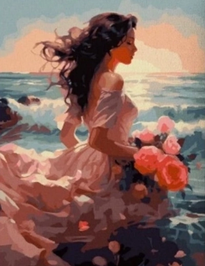 Pintura de diamantes – chica de rosa 30 × 40 cm