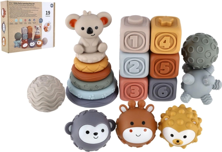 Set de silicona para bebés: aros apilables, cubos y pelotas sensoriales (19 piezas)
