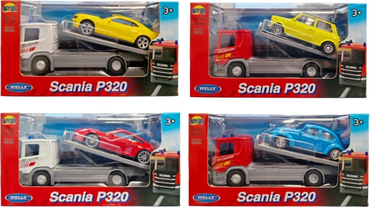 Welly camión grúa Scania 1:57 con coche deportivo 1:43