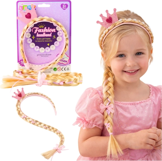 Diadema infantil con trenza larga y corona brillante, detalles rosas, 50 cm
