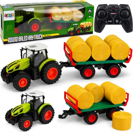Tractor agrícola RC con remolque y fardos de heno 1:24