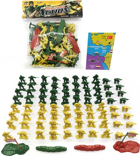 Set militar de figuras de soldados con barricadas y banderas (87 piezas)