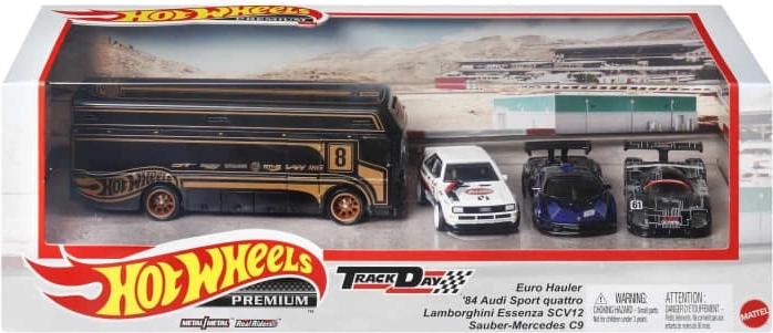 Set prémium Hot Wheels de 3 coches a escala con camión tractor de equipo