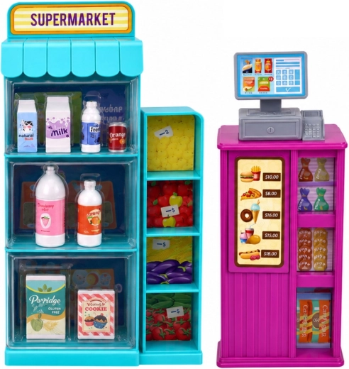 Supermercado con caja registradora y estantería