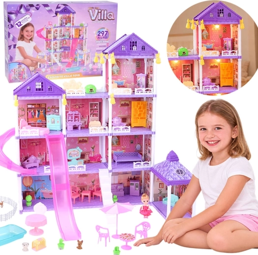 Casa de muñecas Villa LED con tobogán y 250 piezas