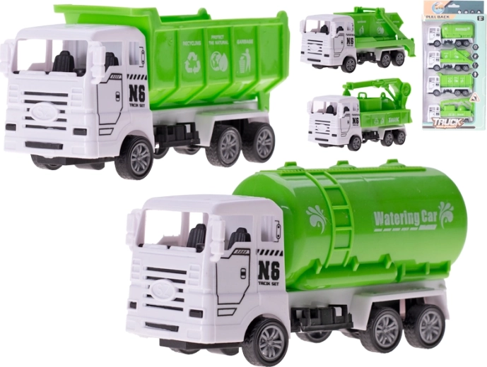 Juego de camiones de basura con retroceso 13 cm, 4 uds.