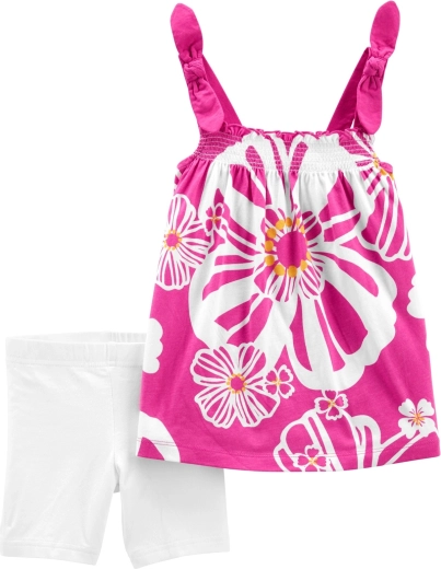 Conjunto de verano para niña: túnica y leggings cortos, flores moradas
