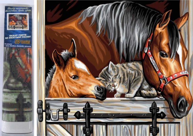 Pintura con diamantes – caballos con gato 30 × 40 cm