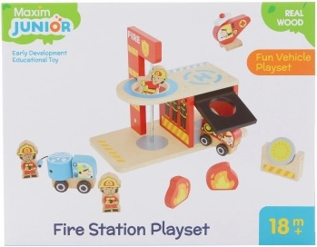 Estación de bomberos Maxim – set de madera con garaje, coches y helicóptero