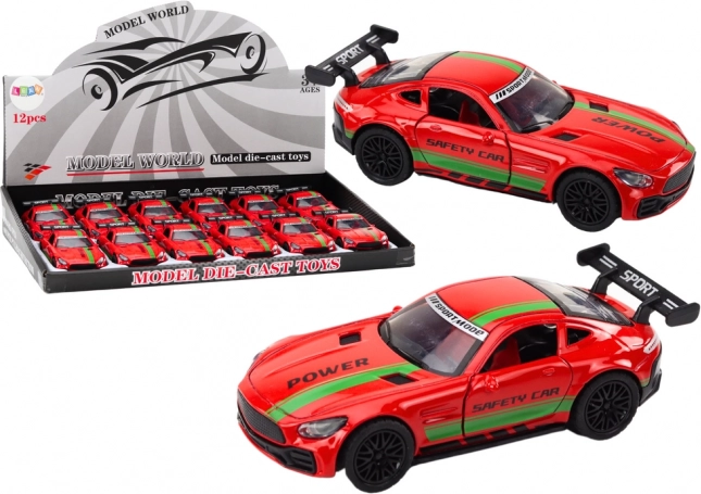 Coche deportivo metálico 1:32 con alerón y figura, rojo con sonidos y luces